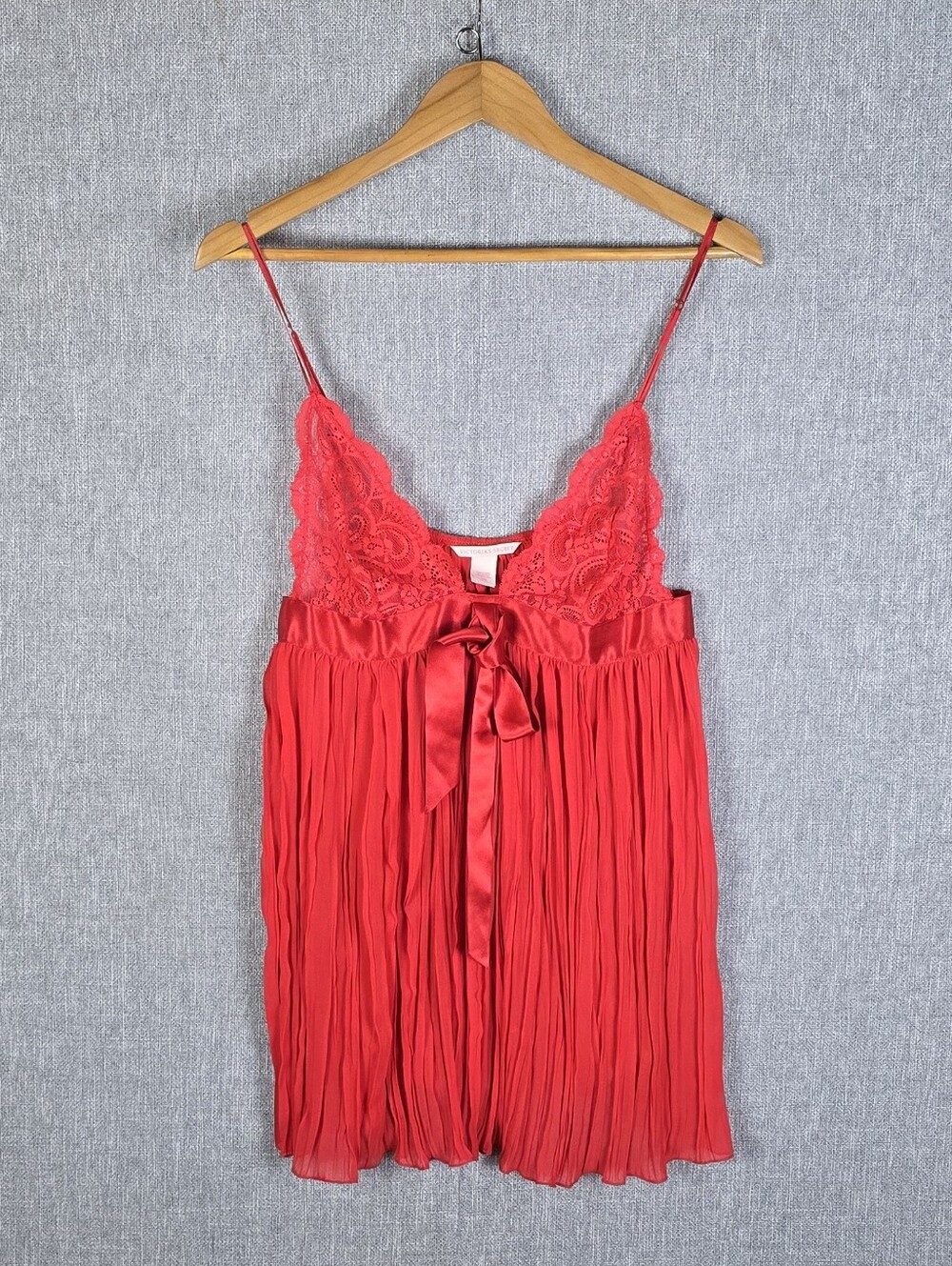 Victoria's Secret Red Satin Lace Pleated Babydoll With Bow Sz L